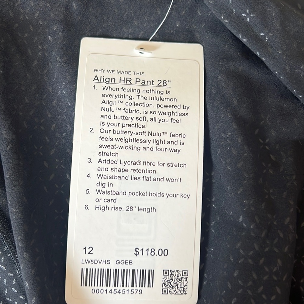 NWOT lululemon align High rise pant 28” Size 12